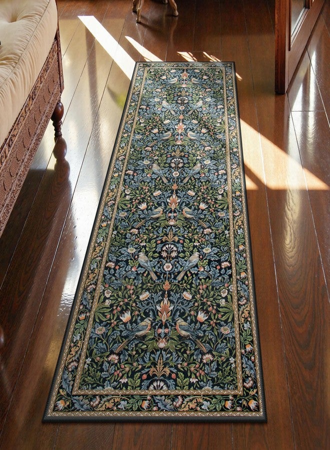 Morebes Floral 24x60 Bathroom Runner Rug Non Slip, Washable Flower Rugs for Kitchen Floor, Vintage Soft Boho Botanical Indoor Carpet Runner for Bedroom Entrance Entryway, Navy Blue - Image 1